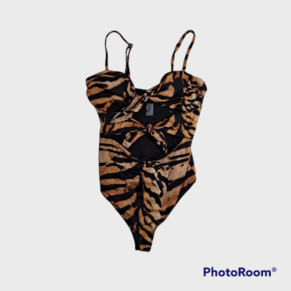 Beach Riot Mia Tiger Stripe Cutout One Puece Swimsuit Black Brown Large - Picture 2 of 5